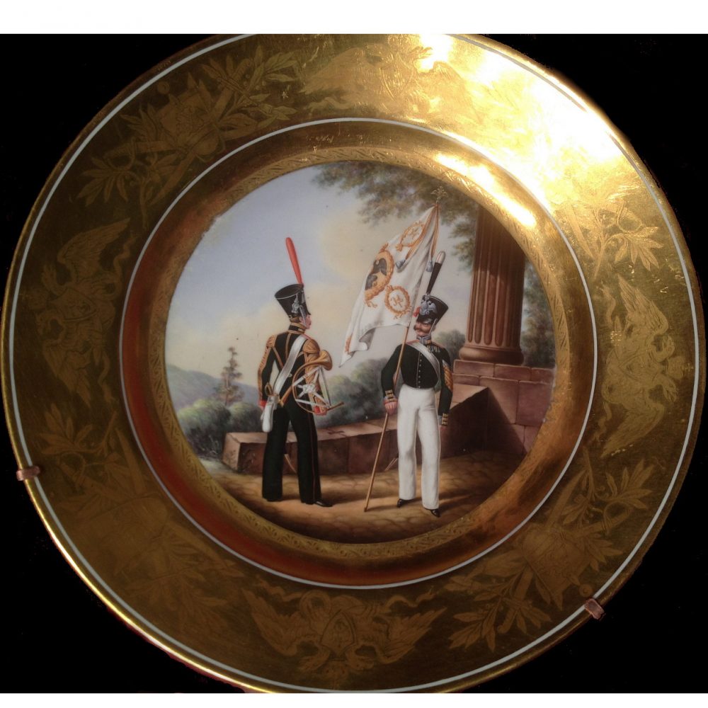 Russian Imperial Porcelain military plate - Garrison flag bearer and trumpeter