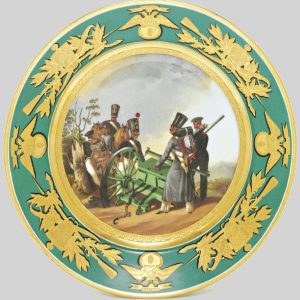 Russian Imperial Porcelain Factory military plate with turquoise border depicting soldiers of Artillery Brigade
