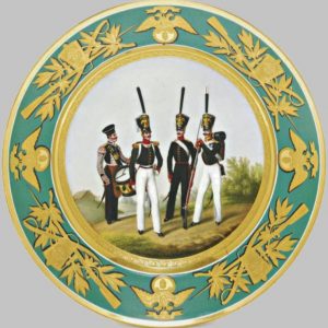 Russian military plate with turquoise border depicting a group of grenadiers