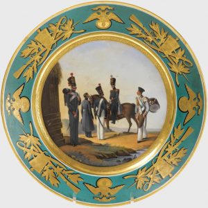 Russian Imperial Porcelain Factory military plate with turquoise border depicting Artillery soldiers, officer and drummer. Hand painted and signed by Stoletov after Belousov