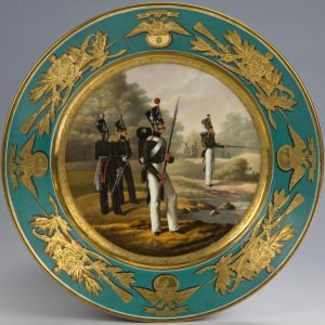 Russian Imperial Porcelain Factory military plate with turquoise border - Military school