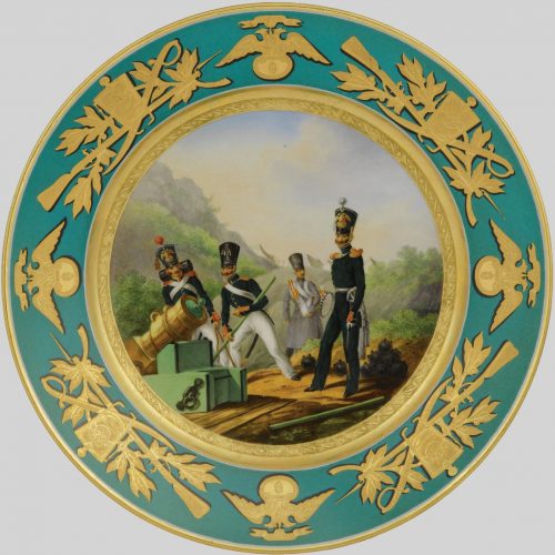Russian Imperial Porcelain Factory military plate with turquoise border depicting soldiers and officers of Artillery Brigade