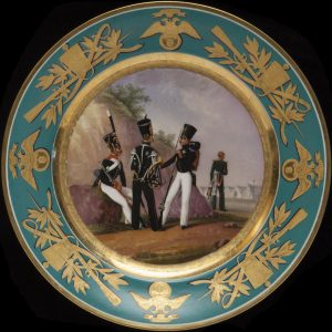Russian Imperial Porcelain Factory military plate with turquoise border depicting Infantry soldiers and officers
