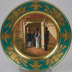 Russian Imperial Porcelain Factory military plate with turquoise border depicting Infantry soldiers and officers