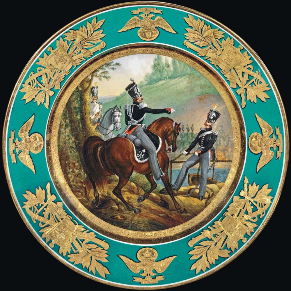 Russian Imperial Porcelain Factory military plate with turquoise border depicting Pioneer Squadron
