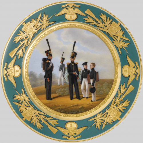 Russian Imperial Porcelain Factory military plate with turquoise border depicting soldiers, officers and students of Artillery Brigade school