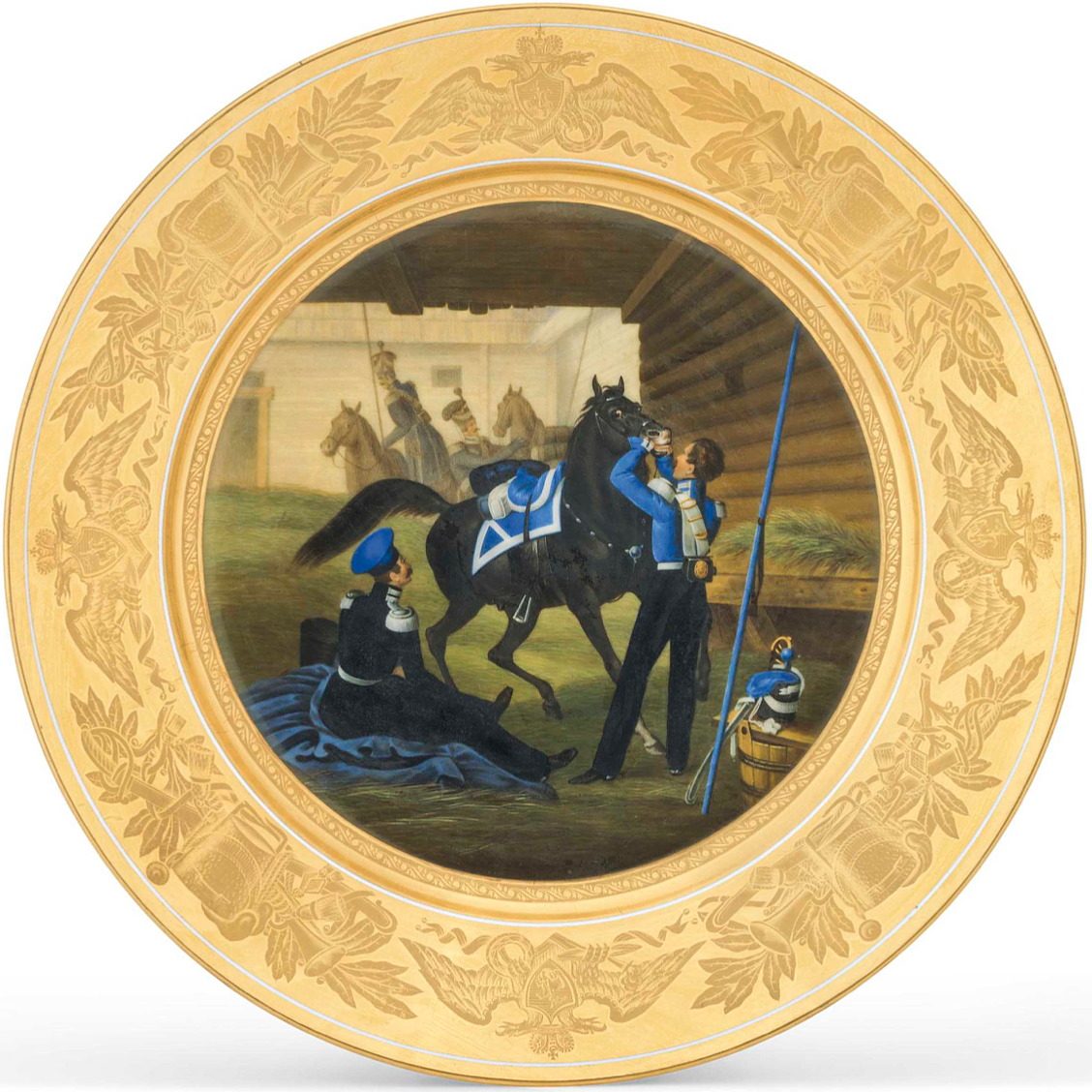 Russian Imperial Porcelain military plate depicting soldiers of Atamanski Cossack Regiment