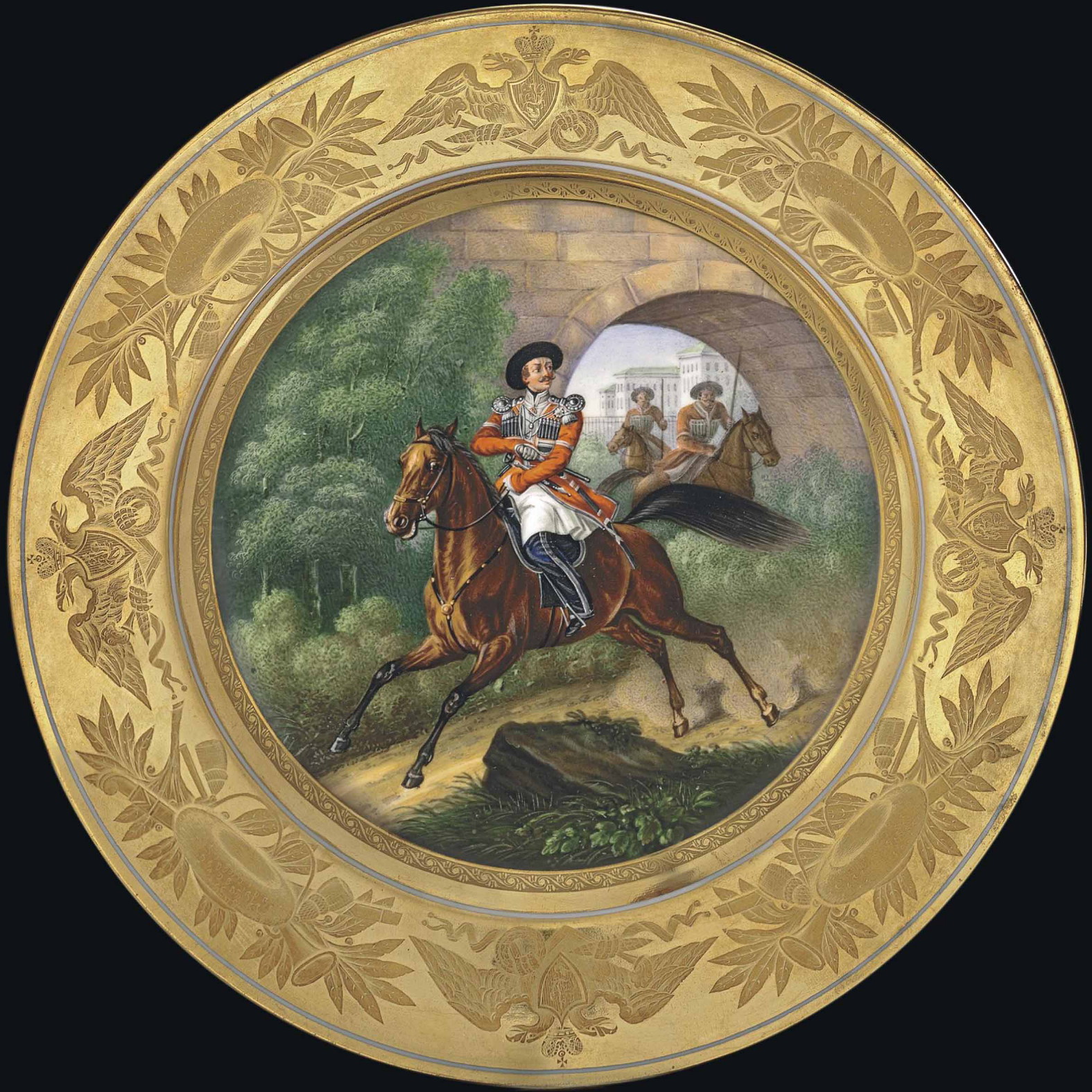 Military plate depicting Cossack Officer of the Line from the Convoy within gold border. Russian Imperial Porcelain Factory, period of Nicholas I, 1836
