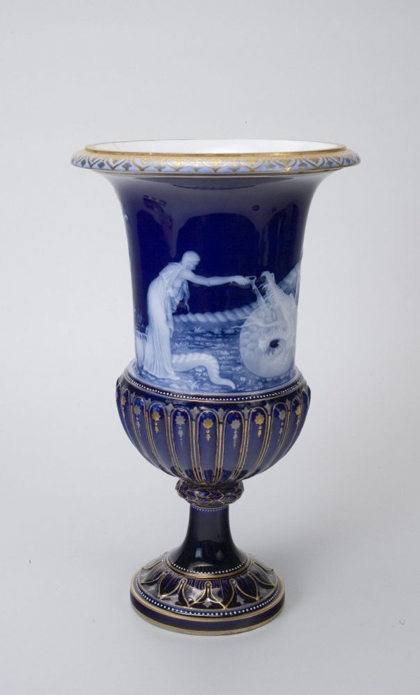 Russian Imperial Porcelain Factory pate-sur-pate vase with girl and cupids