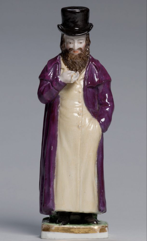 Gardner figure of Jew buying a pocket watch from Magic Lantern series. Russian porcelain. 1820s