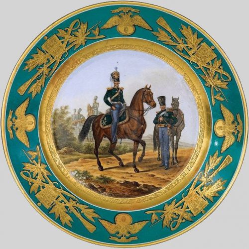 Russian Imperial Porcelain Factory plate depicting Mounted Artillery soldiers and officers