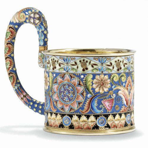 Russian silver enamel podstakannik by Kurlukov