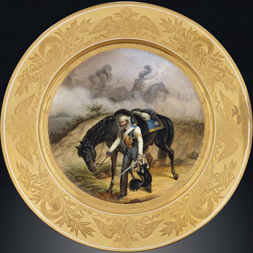 Russian Imperial Porcelain military plate - wounded cuirassier officer