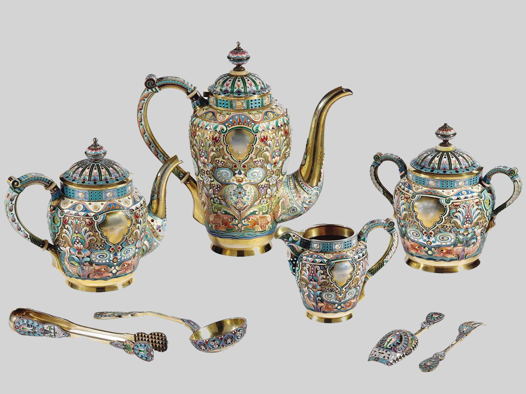 Russian Silver Enamel tea set by Khlebnikov
