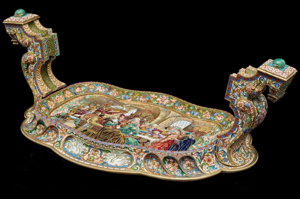 Russian Silver Enamel Kurlukov 04 Kovsh En Plein Boyar Wedding