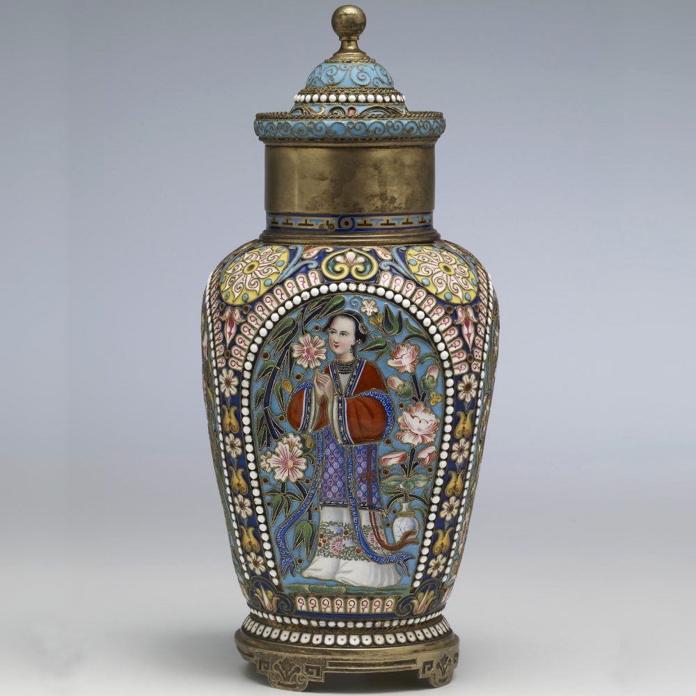 Russian Silver Enamel tea caddy by Kurlyukov in chinoiserie style