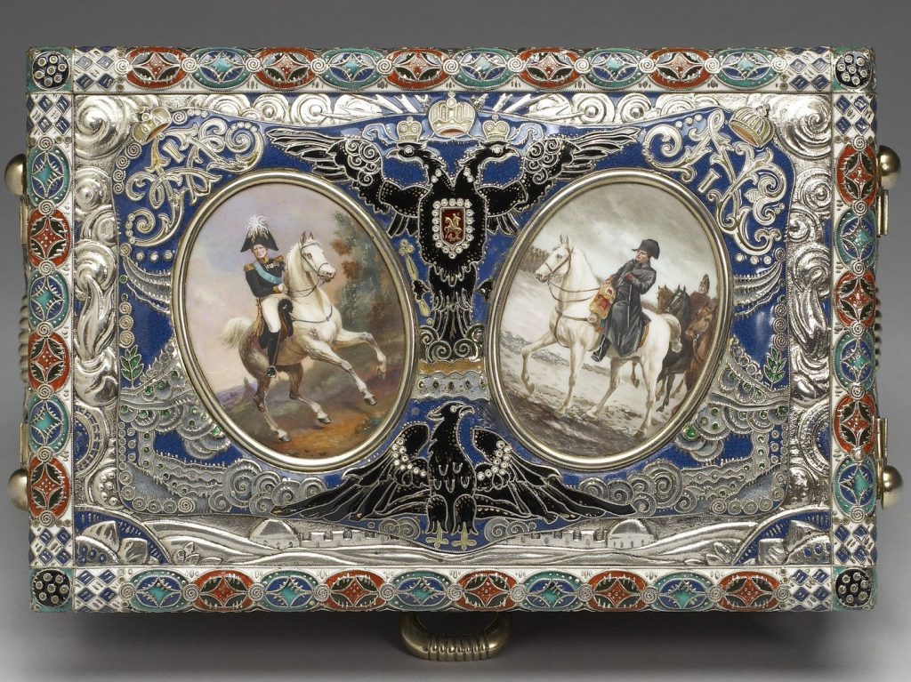 Russian Silver Enamel box by Fedor Ruckert "Alexander I & Napoleon" 1912