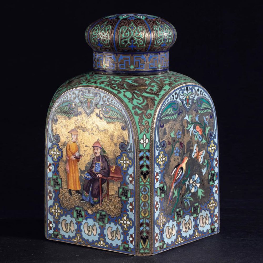 Russian Silver Enamel tea caddy by Ovchinnikov