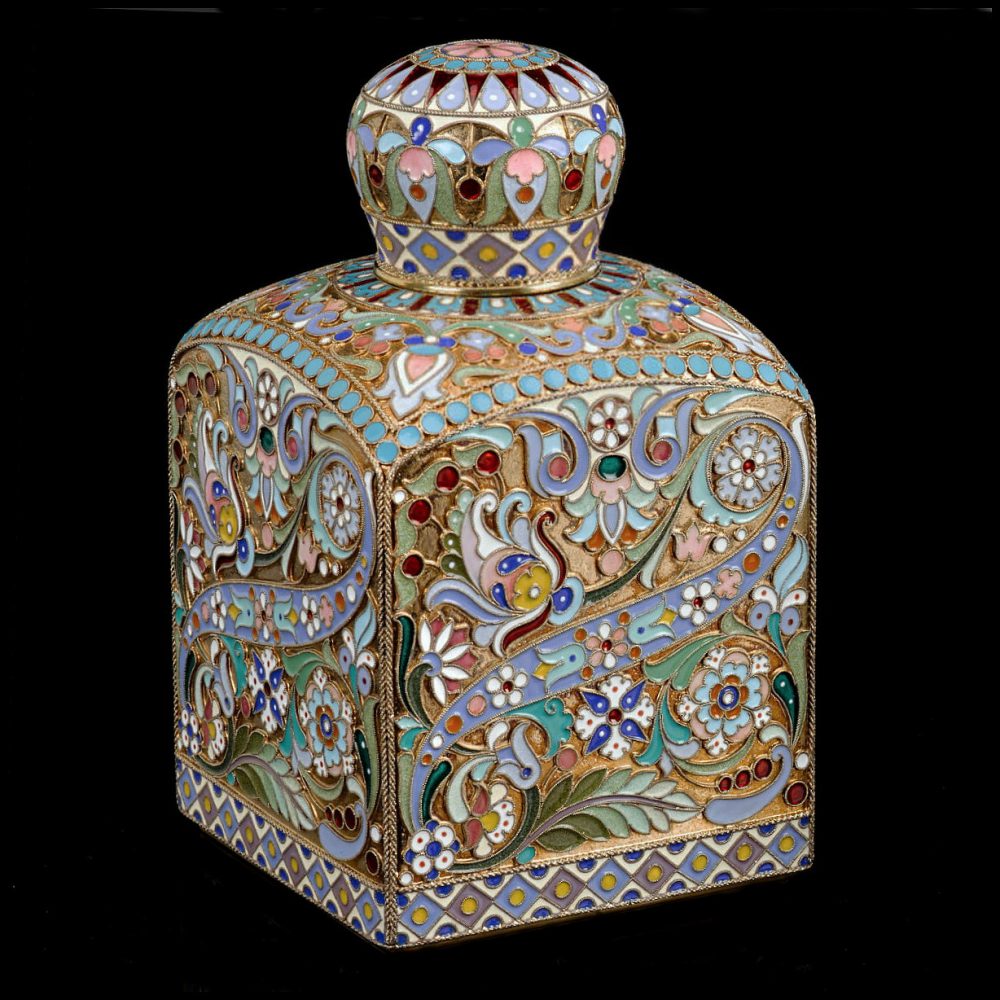 Russian Silver Enamel Tea Caddy 45l Ovchinnikov