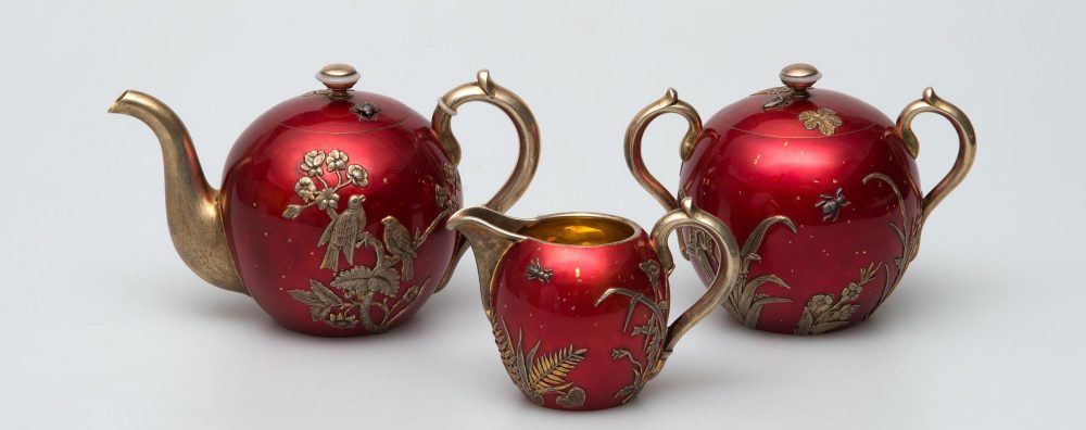 Russian silver lacquer tea set by Ovchinnikov