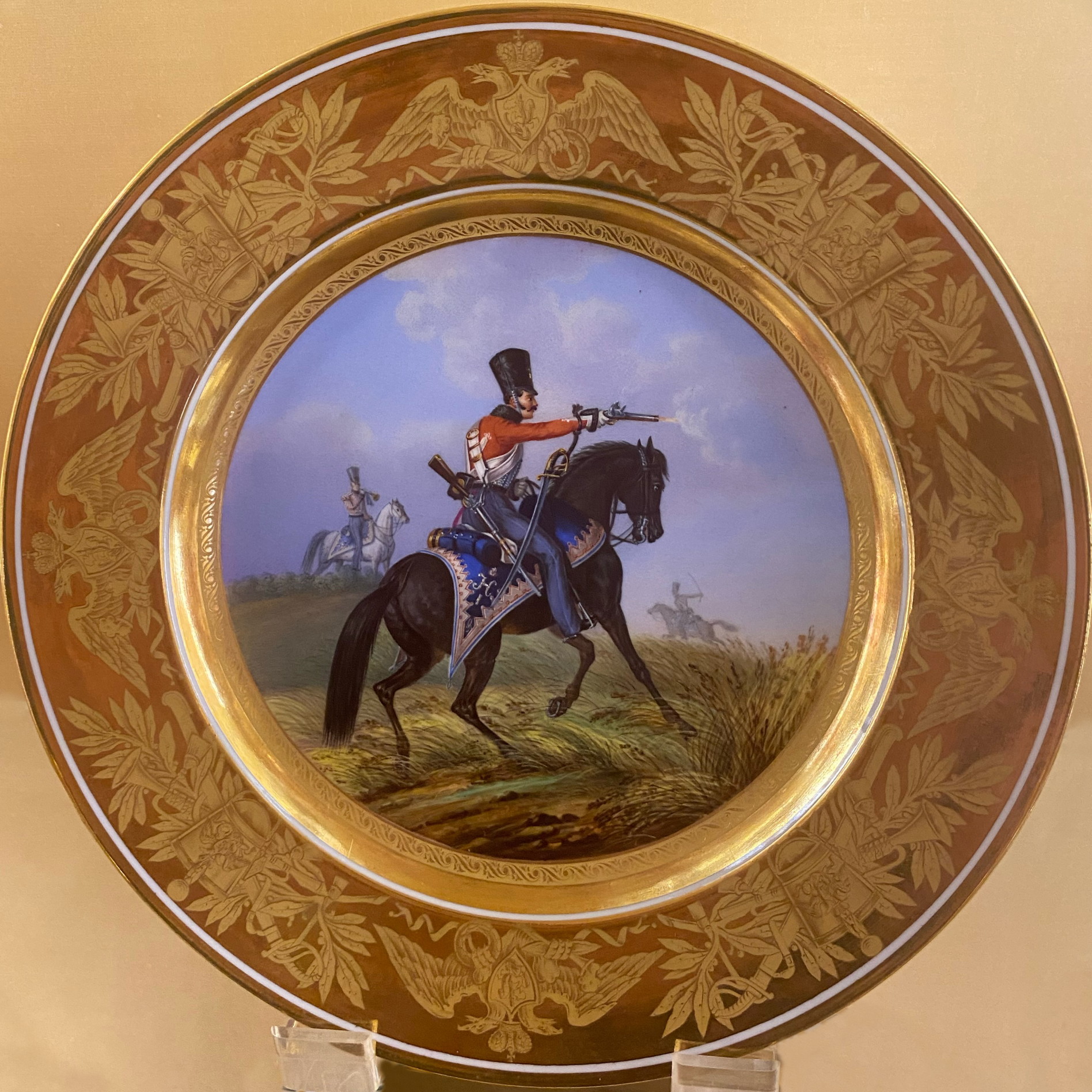 Russian Imperial Porcelain military plate with Grodno Hussars