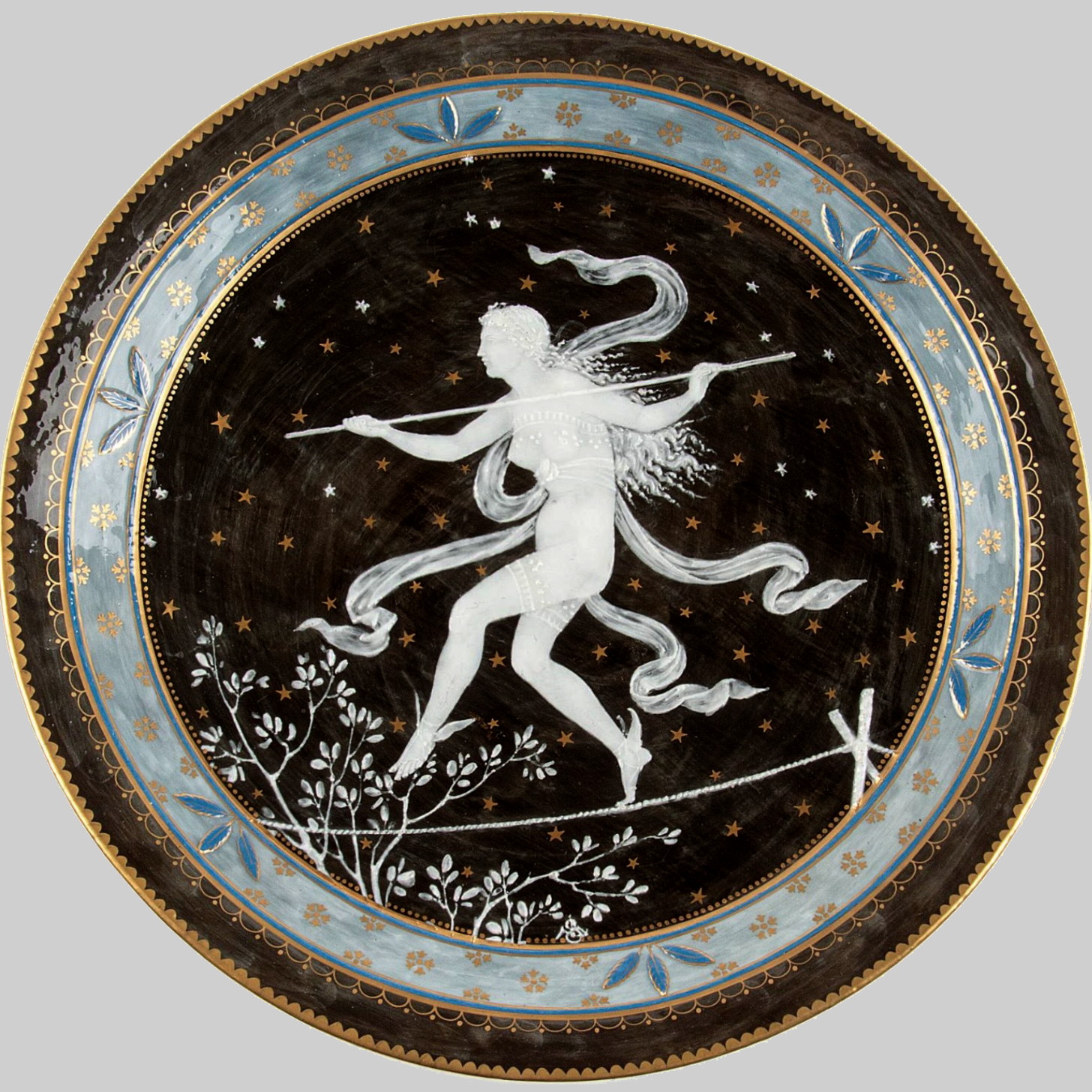 Minton pate-sur-pate plate by Solon depicting a young woman on tightrope