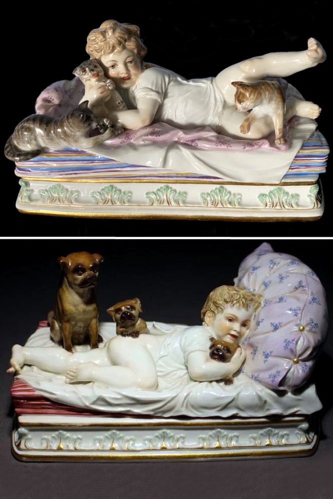 Meissen child on bed with kittens and puppies. Model numbers P148 and P149 by August Thiel