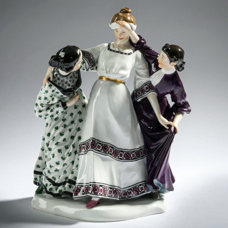 Meissen figural group "Three Girls Playing Blind Man's bluff" by Theodor Eichler. Model W166