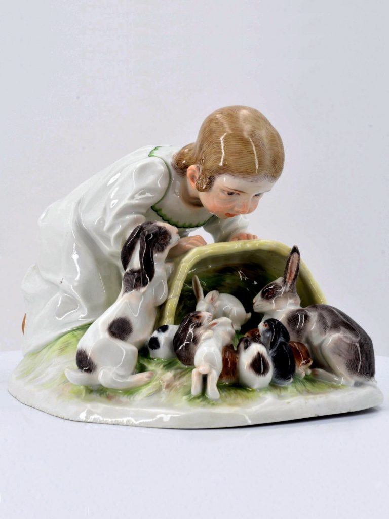 Meissen figural group "Child with rabbits" by Max Bochmann. Model Z148