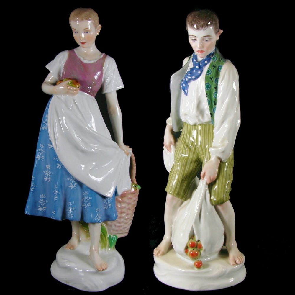 Meissen figures of Girl and Boy with apples by Eichler. Model numbers U 137 and U 138