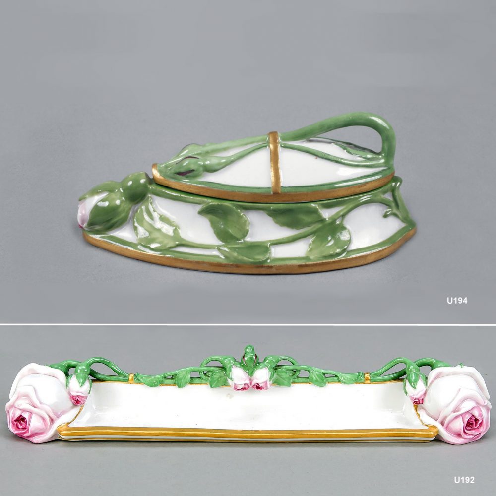Meissen hat pin vanity tray and box with roses designed by Heinrich Vogeler. Model number U 192 and U 194