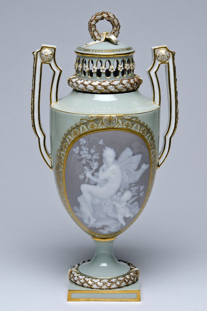 Meissen pate-sur-pate covered vase. H20