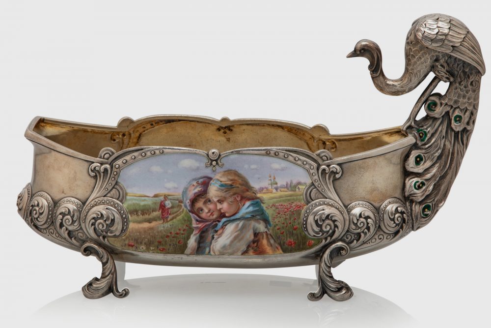 Russian Silver Enamel Kovsh with Peacock Handle by Kurlyukov