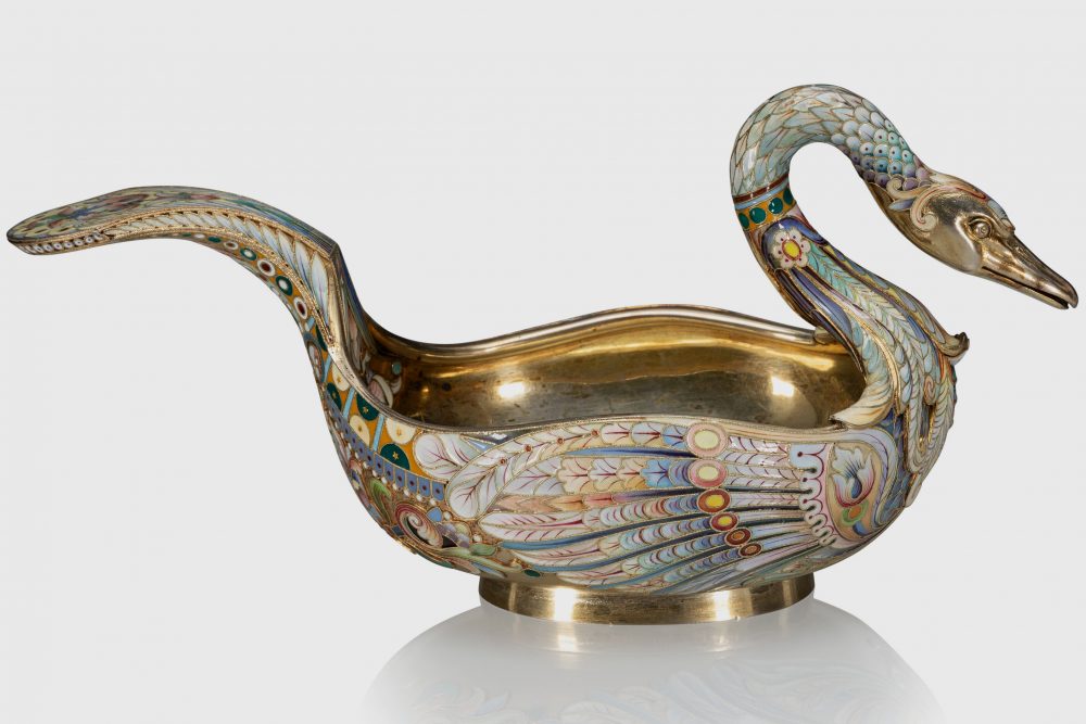Russian silver enamel Swan Shaped kovsh by Ovchinnikov