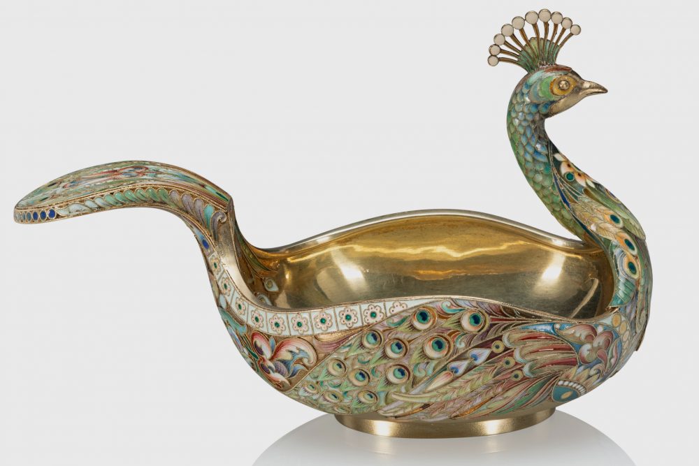 Russian Silver Enamel Kovsh Ovchinnikov 35l Peacock