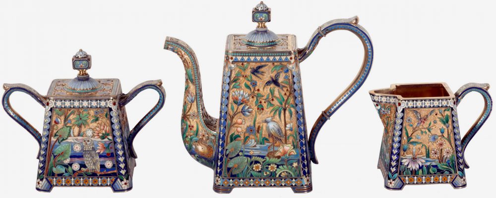 Ovchinnikov Teaset Swans Birds Silver Enamel