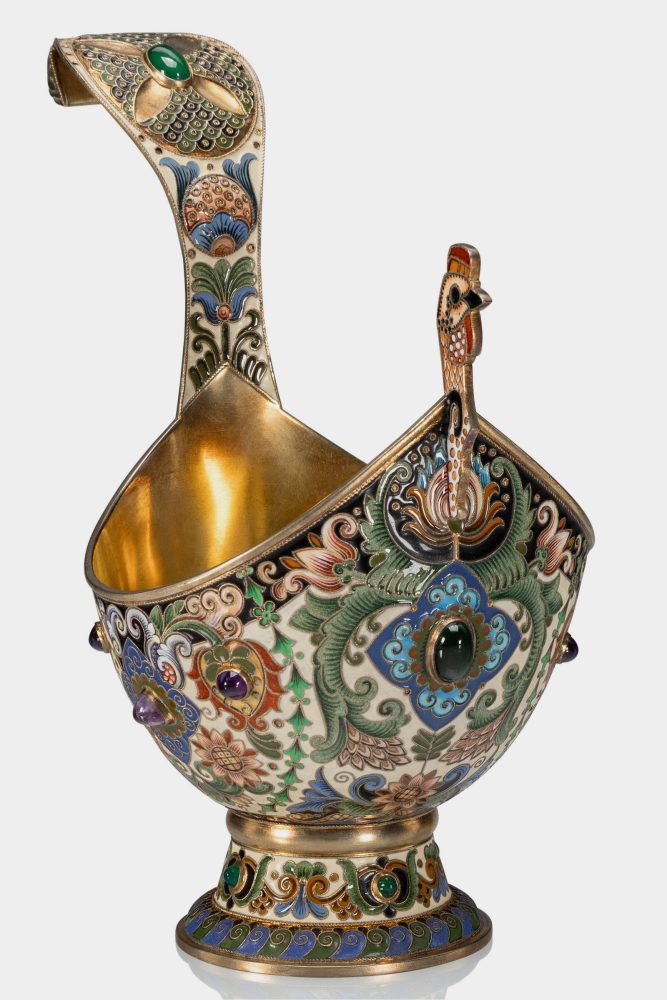 Russian silver enamel Cockerel Shaped kovsh by Ruckert