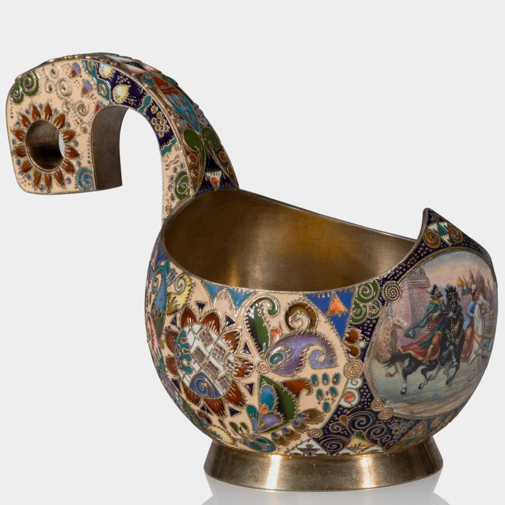 Russian silver enamel kovsh by Fedor Ruckert for Faberge