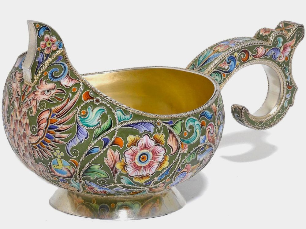 Russian Cloisonne Silver Enamel kovsh with double-headed eagle by Feodor Ruckert