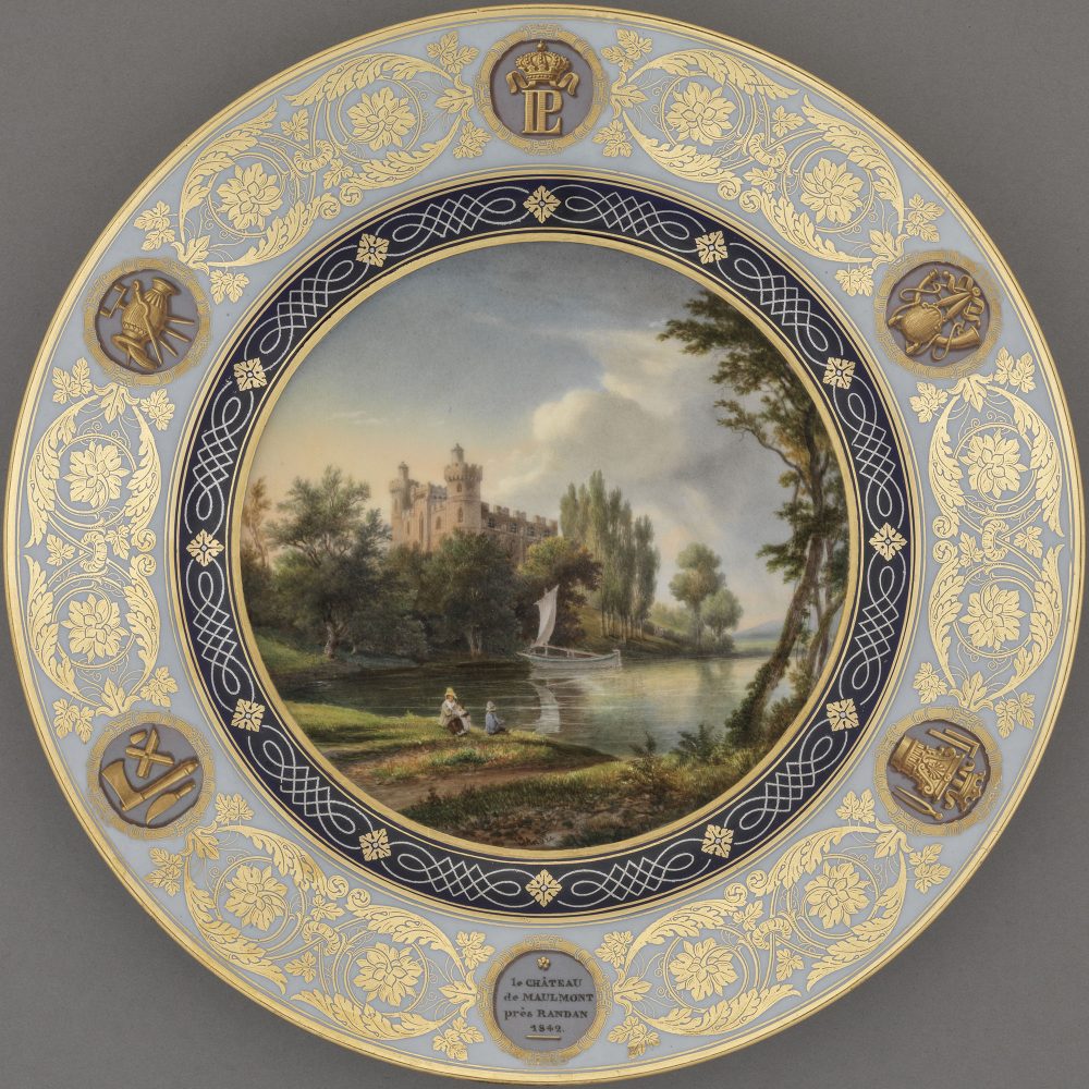 Sevres porcelain plate from Service Historique with a view of Château de Maulmont