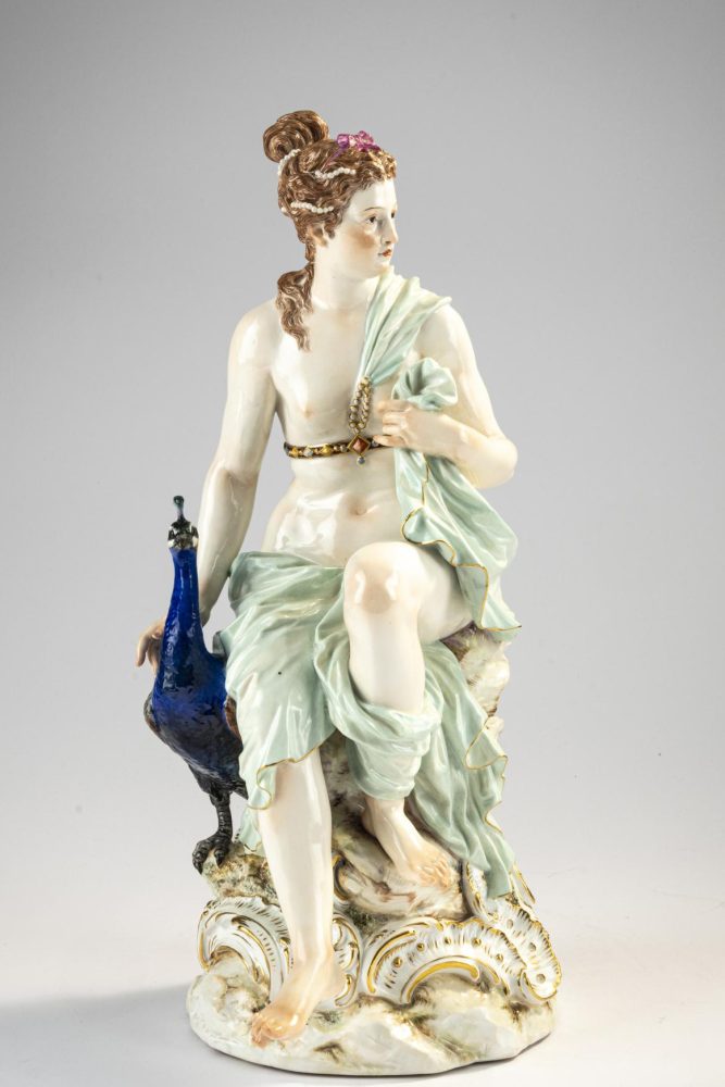 Meissen Figure of Juno. As semi-nude woman with peacock. By Paul Helmig. 1235.