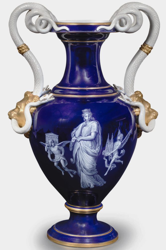 Meissen Vase in French Enamel Style. Snake handles. Cobalt Blue. Allegorical. Model E193