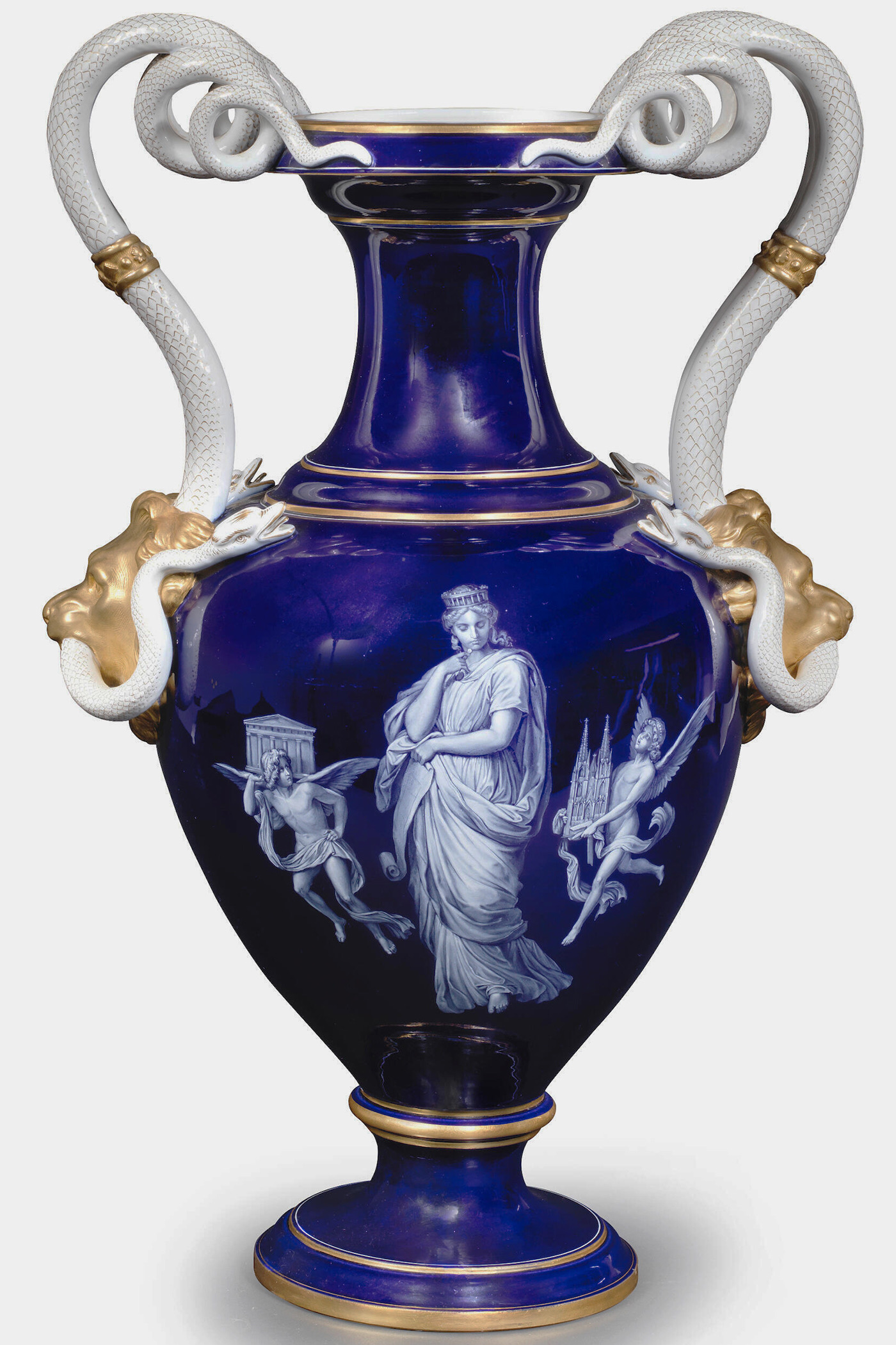 Meissen Vase in French Enamel Style. Snake handles. Cobalt Blue. Allegorical. Model E193