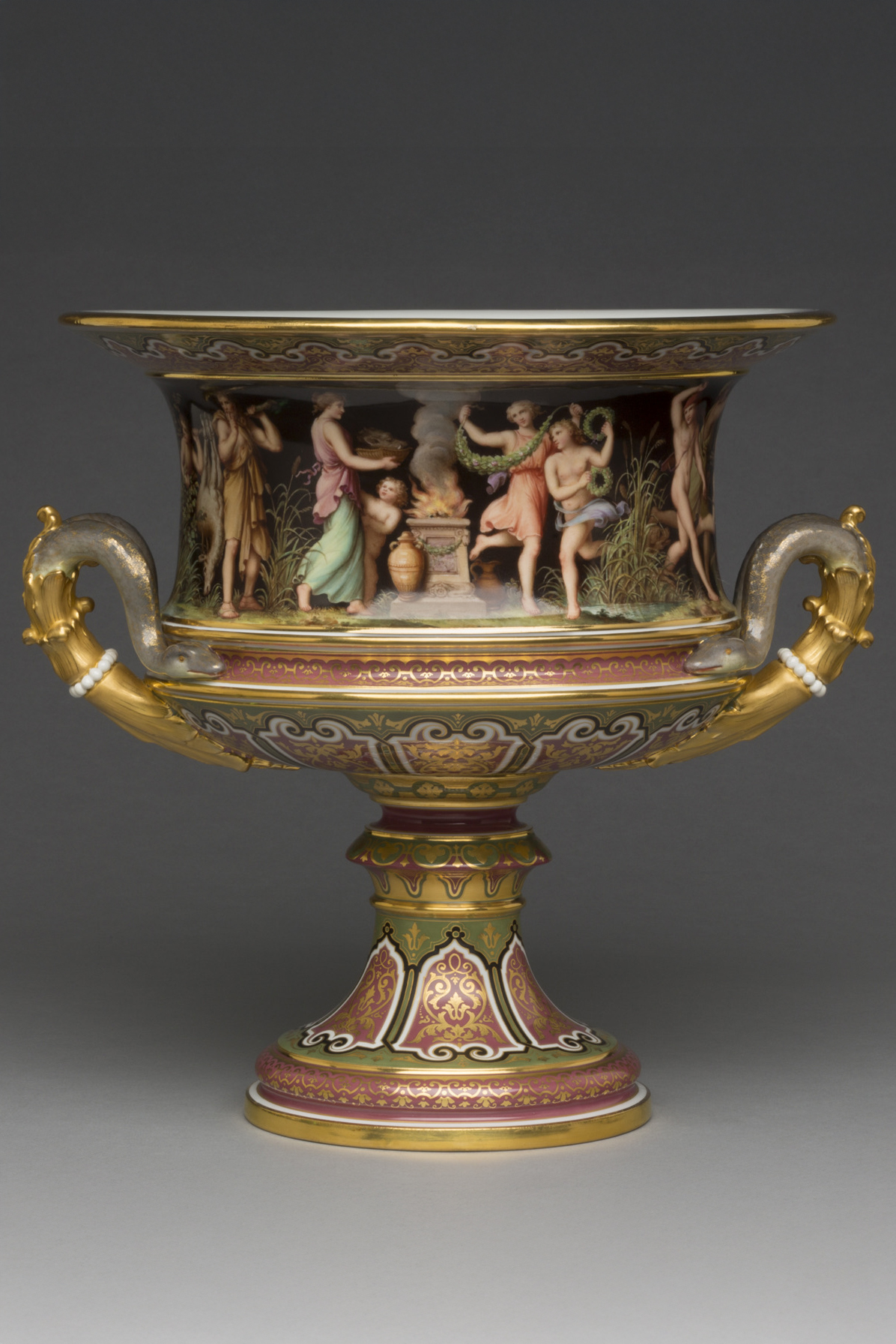 Meissen Urn in Majolica Style. Vase. Mythological Scene. Snake Handles. Model F191
