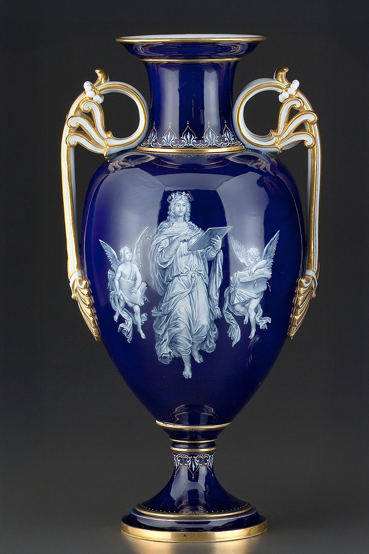 Meissen Vase in French Enamel Style. Allegorical. Dark cobalt blue background. H148