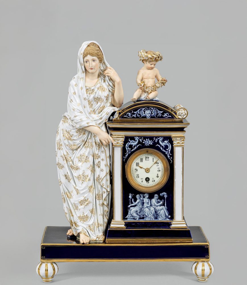 Figural Meissen Clock in French Enamel Style