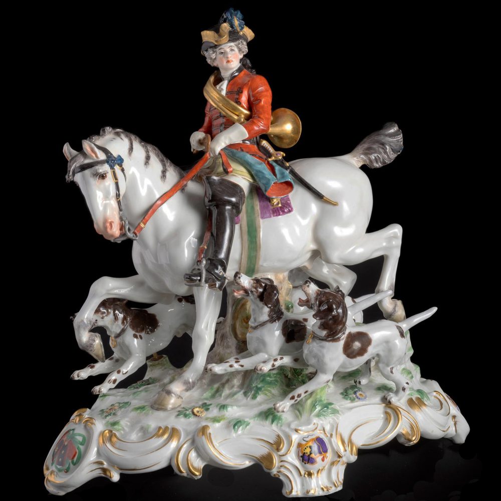 Meissen Figural group "Hunter on horseback with hounds". T102