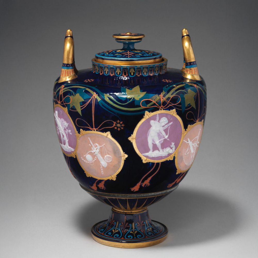MINTONS PÂTE-SUR-PÂTE BLUE-GROUND 'POMPEIAN' VASE AND COVER. Shape 1775.