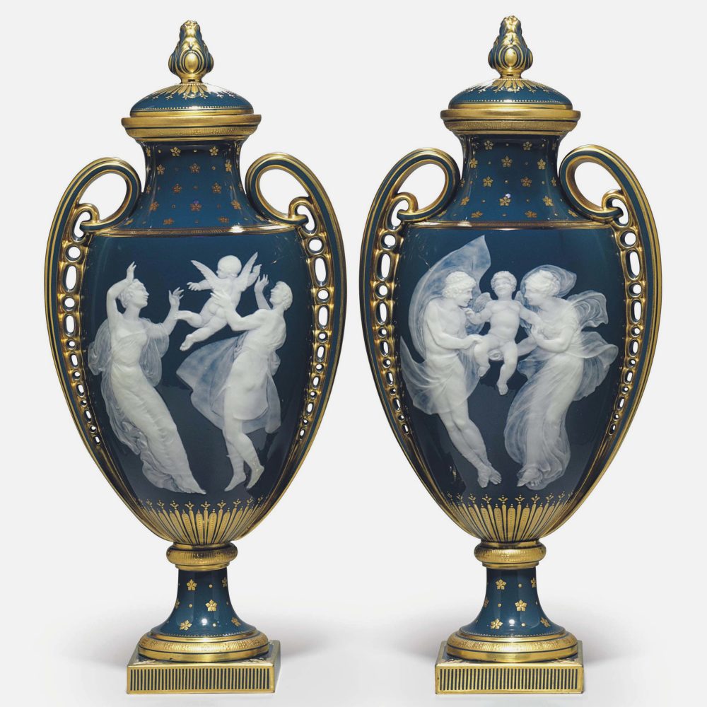 Pair of Minton Pate-Sur-Pate Covered Vases with Chain Handles by Solon