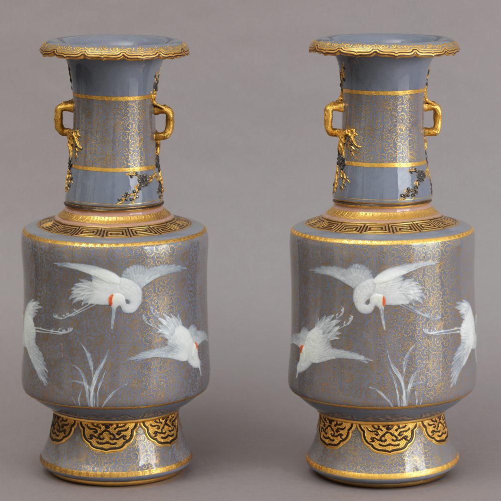 Pair of Minton Vases with flying cranes. Shape Number 1947. AESTHETIC MOVEMENT. Pate-sur-pate. Japanese style.